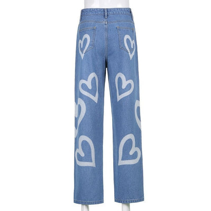 Cute 90s Vintage Heart Print Baggy Mom Jeans Denim High Waisted Trousers Pant Aesthetic Summer Party E-Girl Kawaii Korean Japanese Harajuku Streetwear