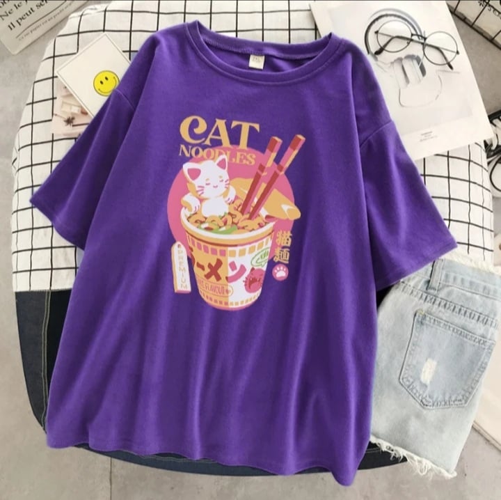 Cute Cat Noodle Ramen Graphic Cartoon Print Loose Short Sleeve T-shirt Aesthetic Casual Summer E-Girl Kawaii Korean Japanese Harajuku