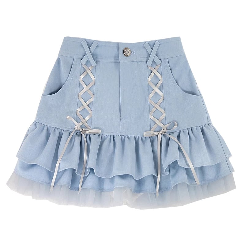 Cute Sexy Blue Lace Ribbon Bow High Waisted Mini Skirt Aesthetic Summer E-Girl Kawaii Korean Japanese Harajuku