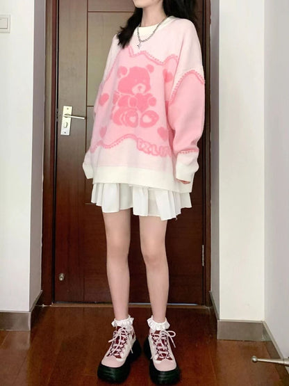 Pink Teddy Bear Print Sweater