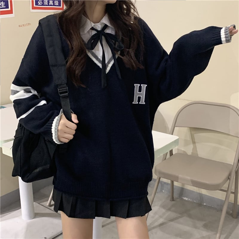 Cute Vintage Preppy V Neck Oversized Sweater Long Sleeve Shirt Pullover Hoodie Sweatshirt E-Girl Kawaii Korean Japanese Harajuku Retro Streetwear