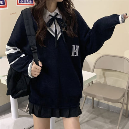 Cute Vintage Preppy V Neck Oversized Sweater Long Sleeve Shirt Pullover Hoodie Sweatshirt E-Girl Kawaii Korean Japanese Harajuku Retro Streetwear