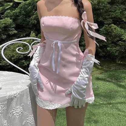 Pink Satin Lace Trim Strapless Dress
