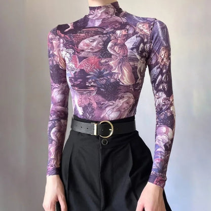 Purple Victorian Print Mesh Long Sleeve Shirt