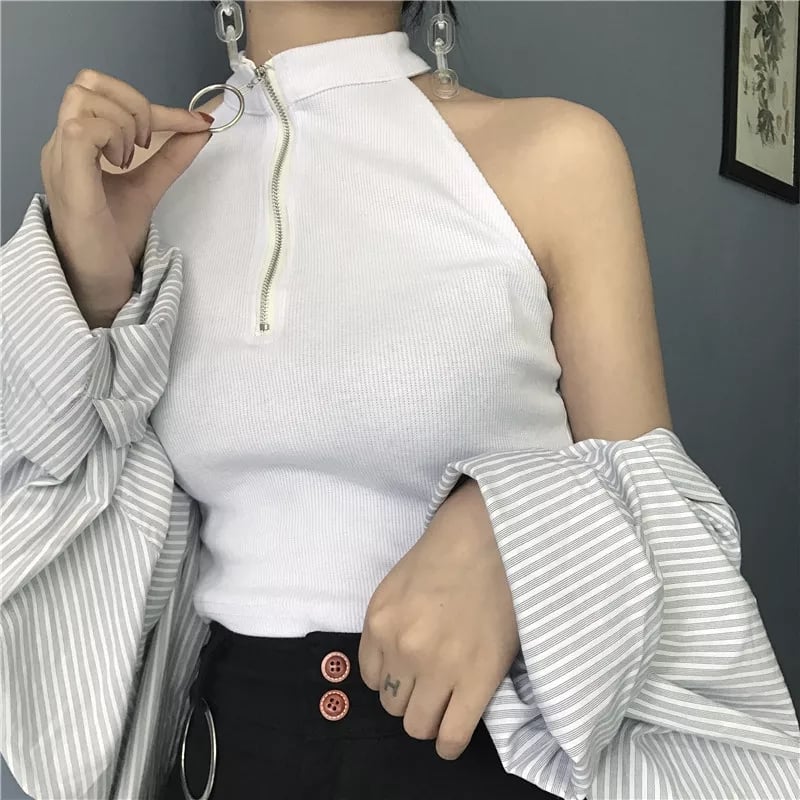 Cute Black White Sexy Knit Zipper Sleeveless Shirt Crop Top Tank Camisole Aesthetic Casual E-Girl Kawaii Korean Japanese Harajuku