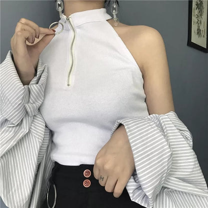 Cute Black White Sexy Knit Zipper Sleeveless Shirt Crop Top Tank Camisole Aesthetic Casual E-Girl Kawaii Korean Japanese Harajuku