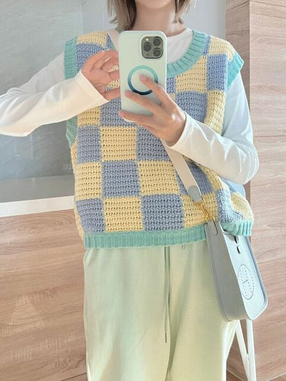 Blue & Yellow Checkered Crochet Sweater Vest
