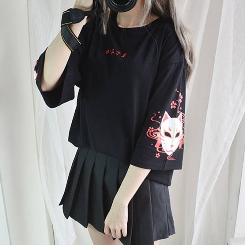 Fox Anime Cartoon Print Vintage Black T-shirt Short Sleeve Tee Shirt Causal Summer Top E-Girl Kawaii Korean Japanese Harajuku Streetwear