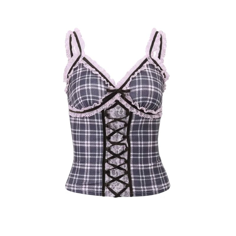 Pink Plaid Lace Patchwork Camisole