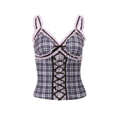 Pink Plaid Lace Patchwork Camisole