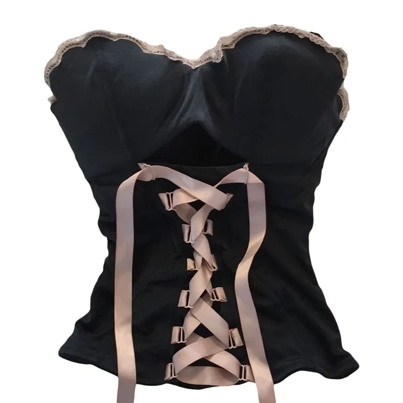 Black with Pink Ribbon Lace Up Bandage Corset Top