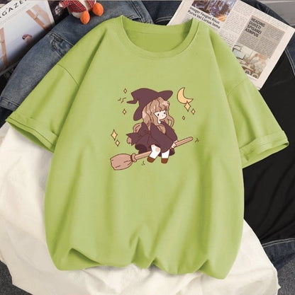 Cute Witch Anime Girl Cresent Moon Print Oversized Short Sleeve Shirt Summer Aesthetic Casual E-Girl Kawaii Korean Japanese Harajuku