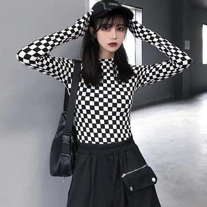 Cute Black White Checkerboard Plaid Long Sleeve Shirt Top Punk Goth Aesthetic Casual E-Girl Kawaii Korean Japanese Harajuku