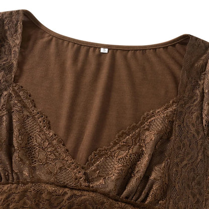 Brown Lace Trim Short Sleeve Shirt