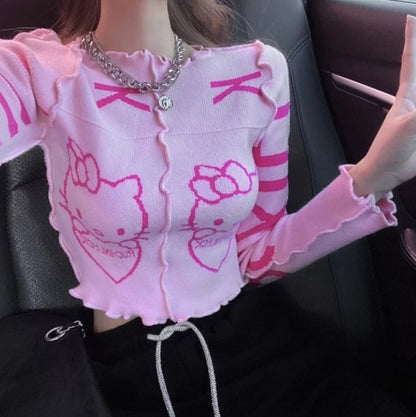 Cute Pink Kitty Cat Knit Loose Frill Long Sleeve Shirt Sweater Pullover Cardigan Aesthetic Casual Summer E-Girl Kawaii Korean Japanese Harajuku