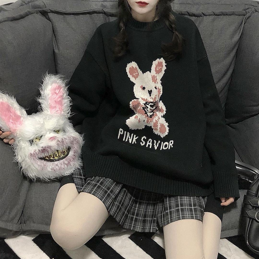 Bunny Knit Casual Sweater Sweatshirt Loose Jumper Long Sleeve Pullover Top Punk Goth E-Girl Kawaii Korean Japanese Harajuku Streetwear