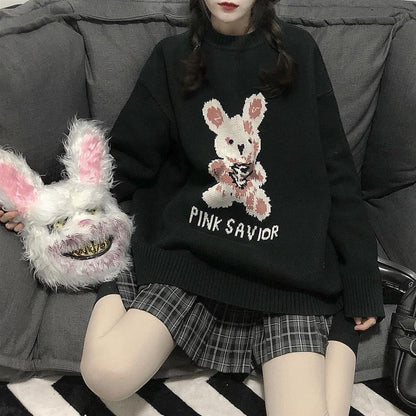 Bunny Knit Casual Sweater Sweatshirt Loose Jumper Long Sleeve Pullover Top Punk Goth E-Girl Kawaii Korean Japanese Harajuku Streetwear