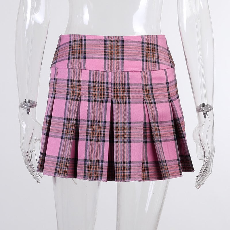 Cute Pink Plaid Checkered Pleated High Waisted Mini Skirt A-line Chic Goth Punk Club E-Girl Kawaii Korean Japanese Harajuku Streetwear