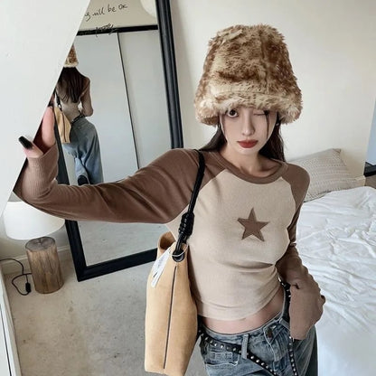 Brown Star Patchwork Long Sleeve T-shirt