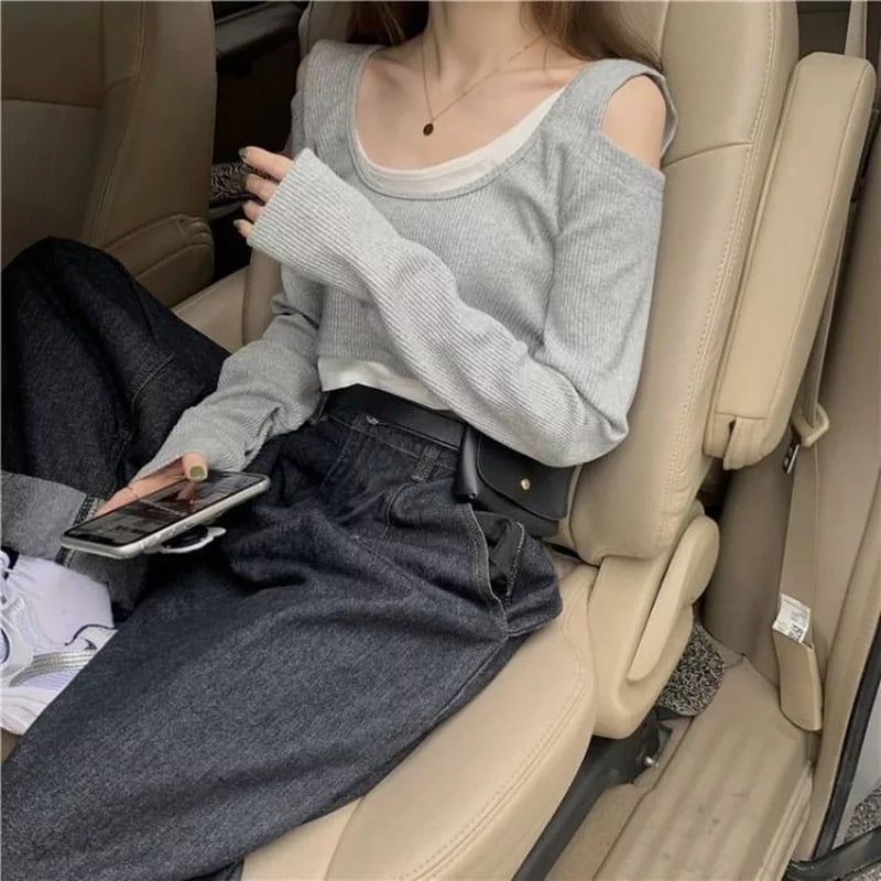 Cute Sexy 2pcs Off Shoulder Hollow Out Crop Top Long Sleeve T-shirt Vintage Punk Goth Aesthetic Casual Summer E-Girl Kawaii Korean Japanese Harajuku