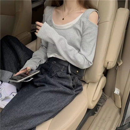Cute Sexy 2pcs Off Shoulder Hollow Out Crop Top Long Sleeve T-shirt Vintage Punk Goth Aesthetic Casual Summer E-Girl Kawaii Korean Japanese Harajuku