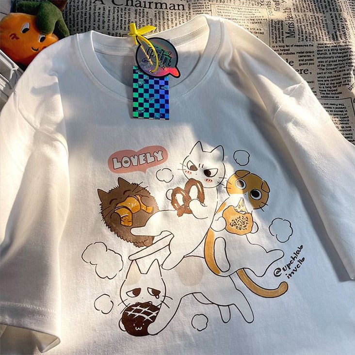 Cat Cartoon Print Short Sleeve T-shirt