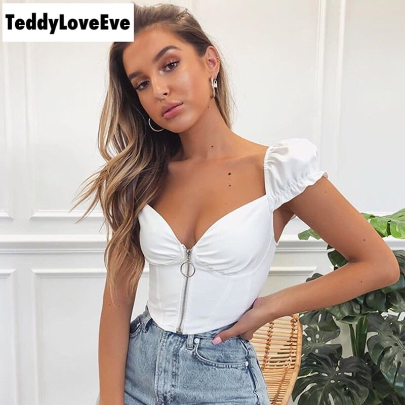 Cute Sexy V Neck Corset Backless Summer Zipper Beach Crop Shirt Tee T-shirt E-Girl Kawaii Korean Japanese Harajuku Chinese Retro Streetwear Aesthetic
