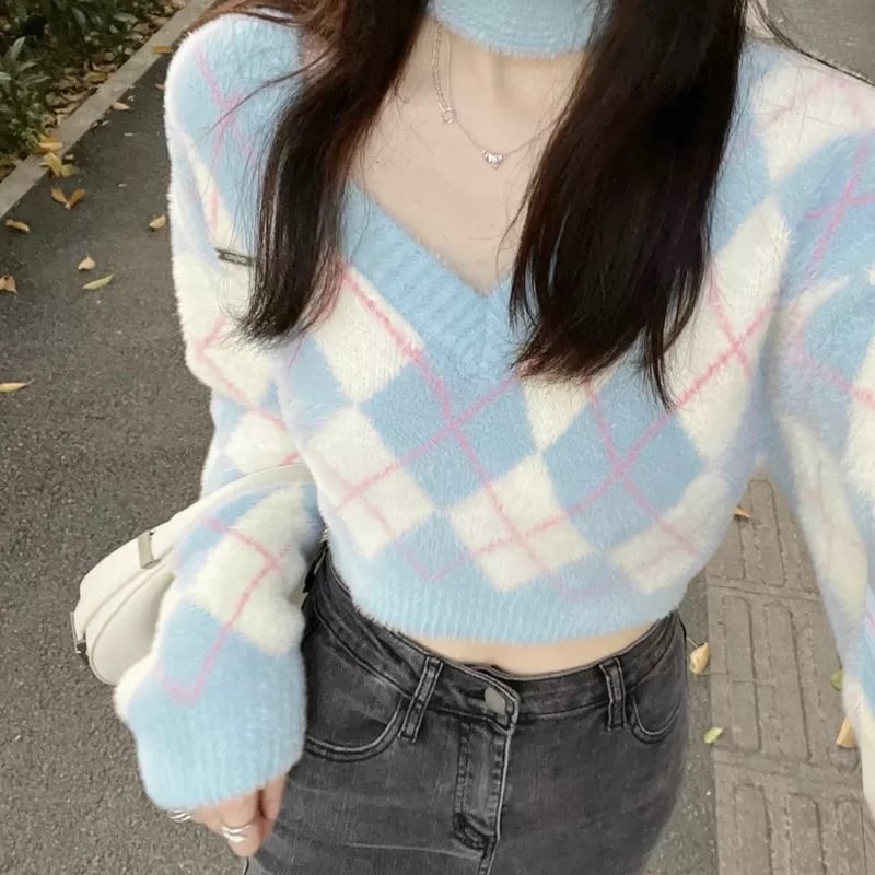 Blue Argyle Slash Neck Long Sleeve Sweater