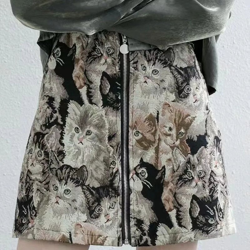 Vintage Cat Print Mini Skirt