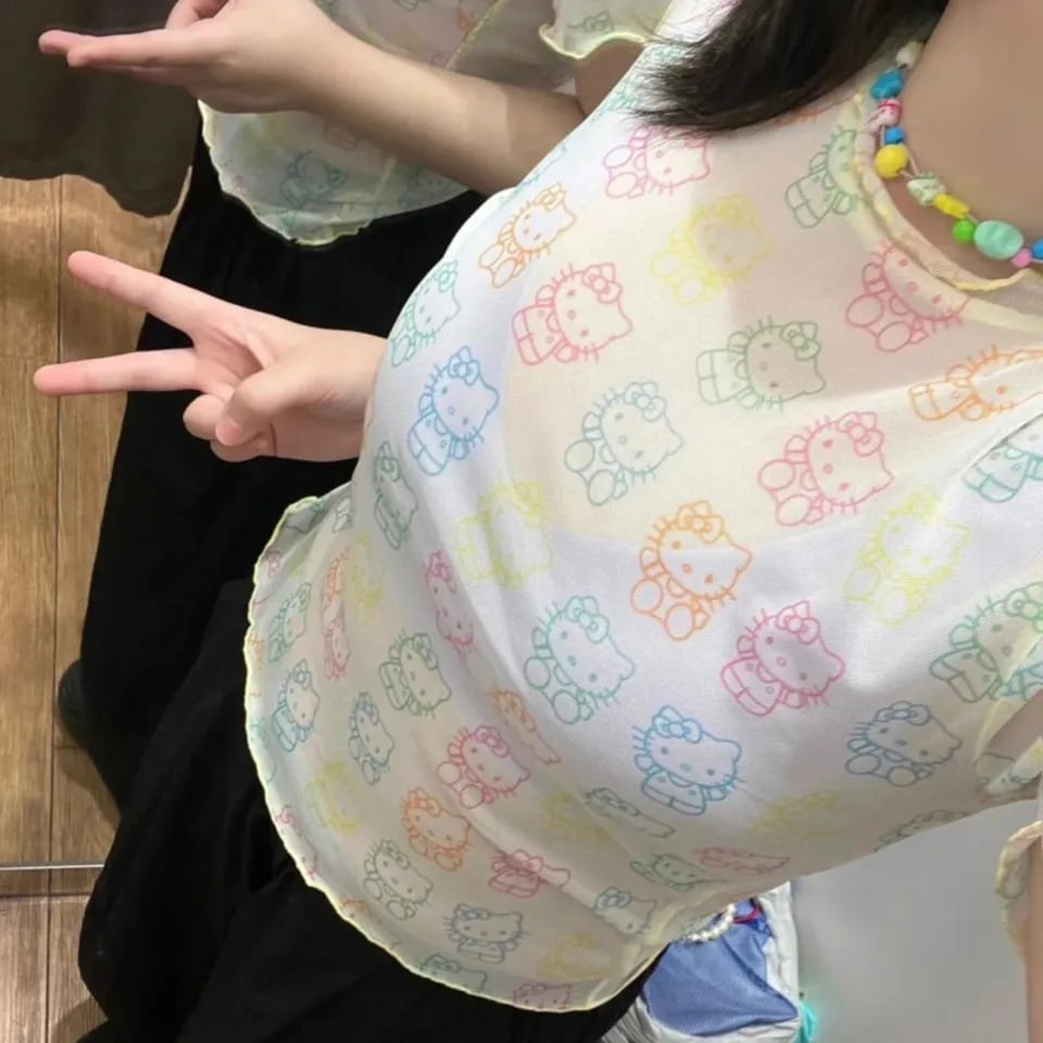 Japanese Cat Rainbow Transparent Mesh Top