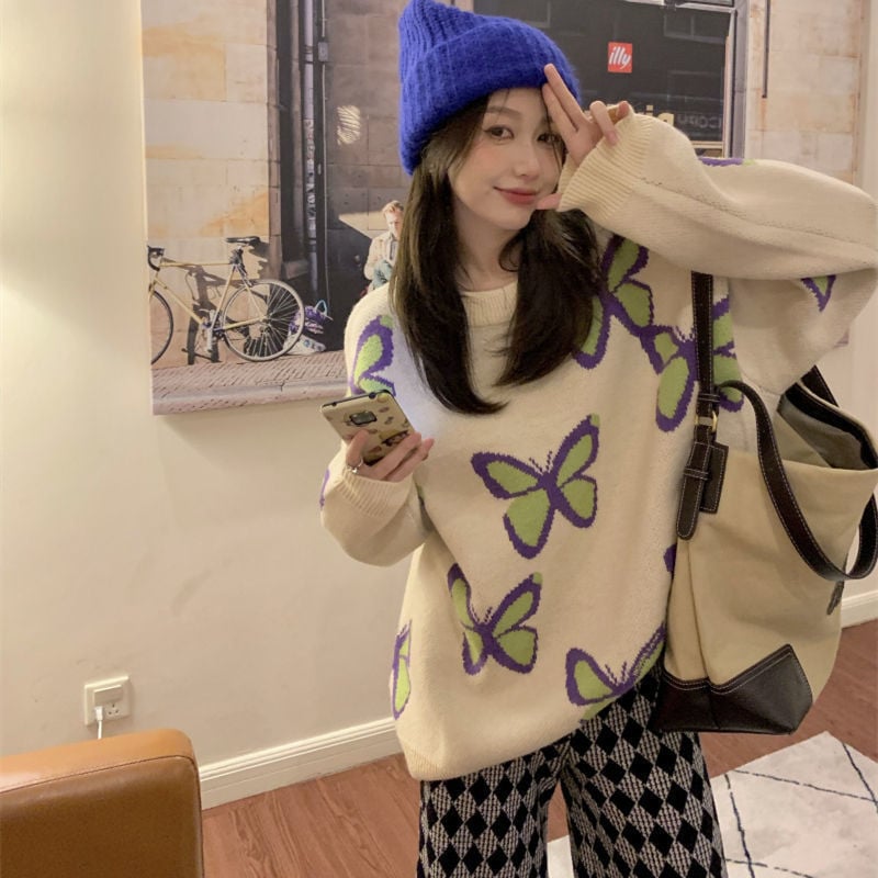 Butterfly Print Loose Sweater
