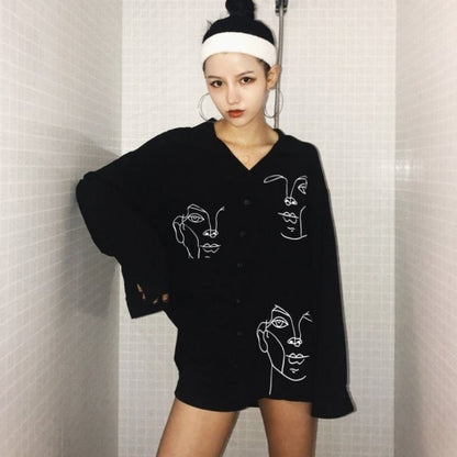 Cute Face Asymmetrical White Long Sleeve Shirt Tee T-shirt Top Blouse E-Girl Kawaii Korean Japanese Harajuku Retro Streetwear Aesthetic