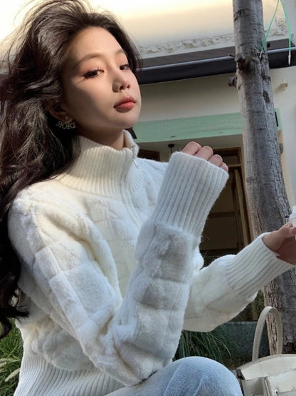 White Turtleneck Zipper Sweater