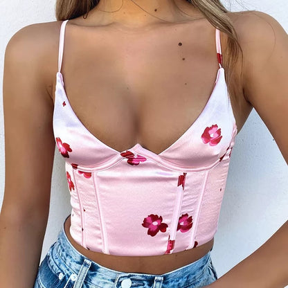 Cute Satin Flower Corset Crop Top Strapless Sleeveless Tube Top Bustier Summer Aesthetic Casual E-Girl Kawaii Korean Japanese Harajuku
