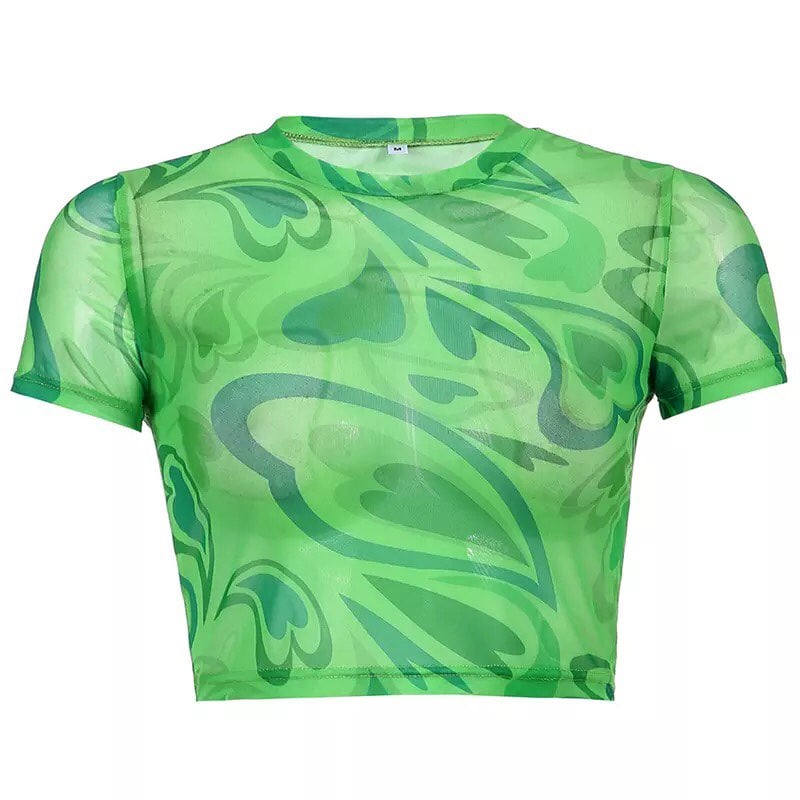 Green Heart Print Transparent Mesh Sheer Crop Top Short Sleeve Shirt Summer Aesthetic Casual E-Girl Kawaii Korean Japanese Harajuku