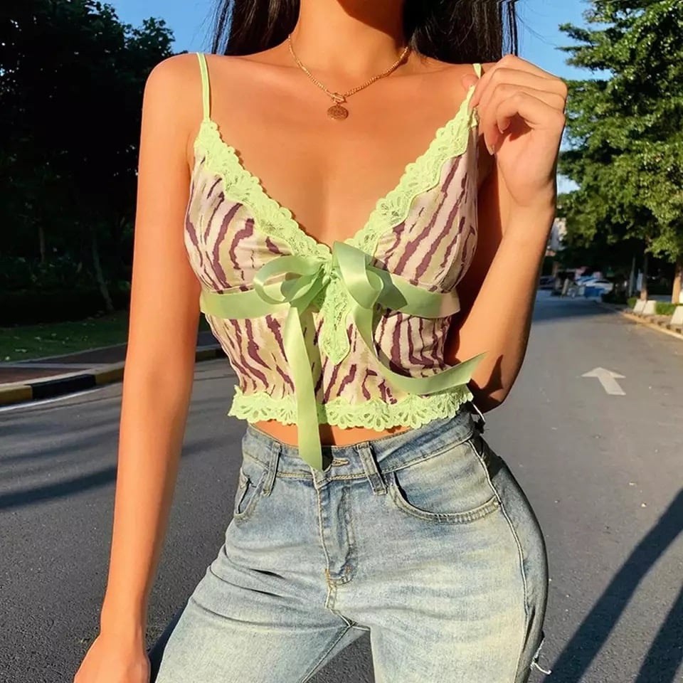 Sexy Lace Leopard V Neck Patchwork Tank Crop Top Camisole Spaghetti Strap Party Club E-Girl Kawaii Korean Japanese Harajuku Streetwear