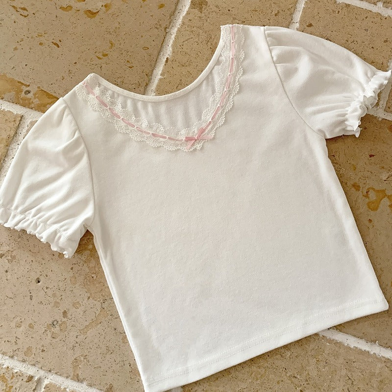 Lace Trim Bow V Neck Puff Short Sleeve Shirt
