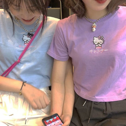 Cute Cat Kitten Embroidery Anime Cartoon Crop Top Short Sleeve Shirt T-shirt Top Summer Casual E-Girl Kawaii Korean Japanese Harajuku Streetwear