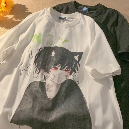 Cute Anime Boy Cat Ears Cartoon Graphic Print Oversize Short Sleeve Shirt Summer Aesthetic Casual E-Girl Kawaii Korean Japanese Harajuku