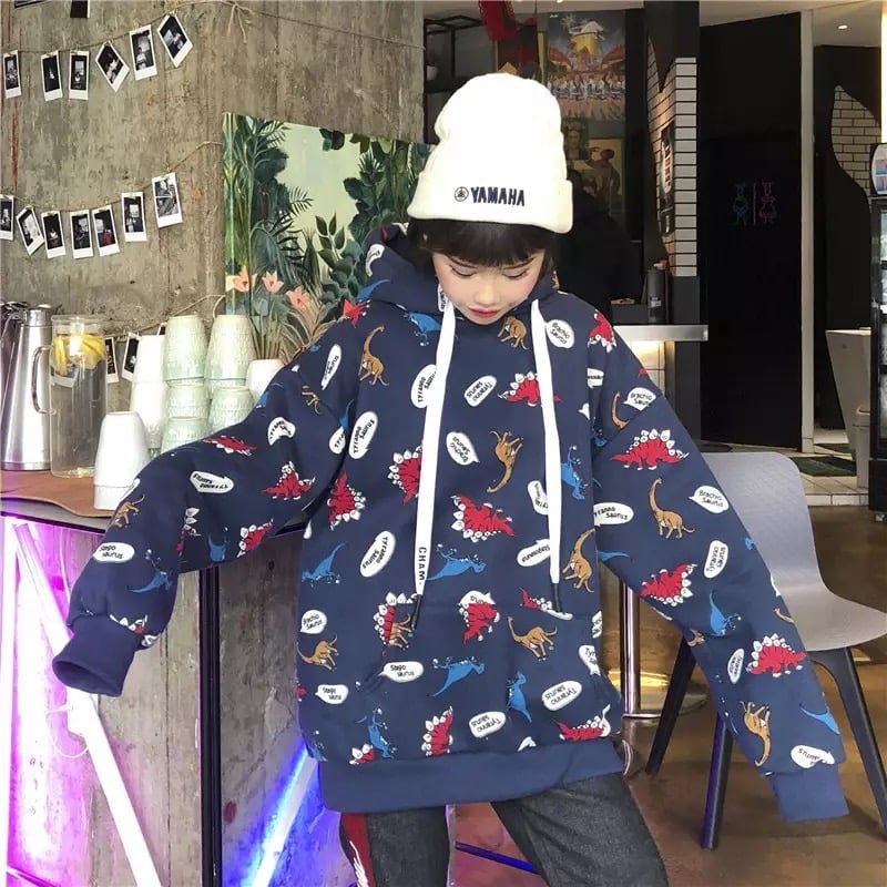 Funny Dinosaur Cartoon Print Vintage Baggy Oversized Loose Hoodie Pullover Sweater Sweatshirt Jumper E-Girl Kawaii Korean Japanese Harajuku Streetwear