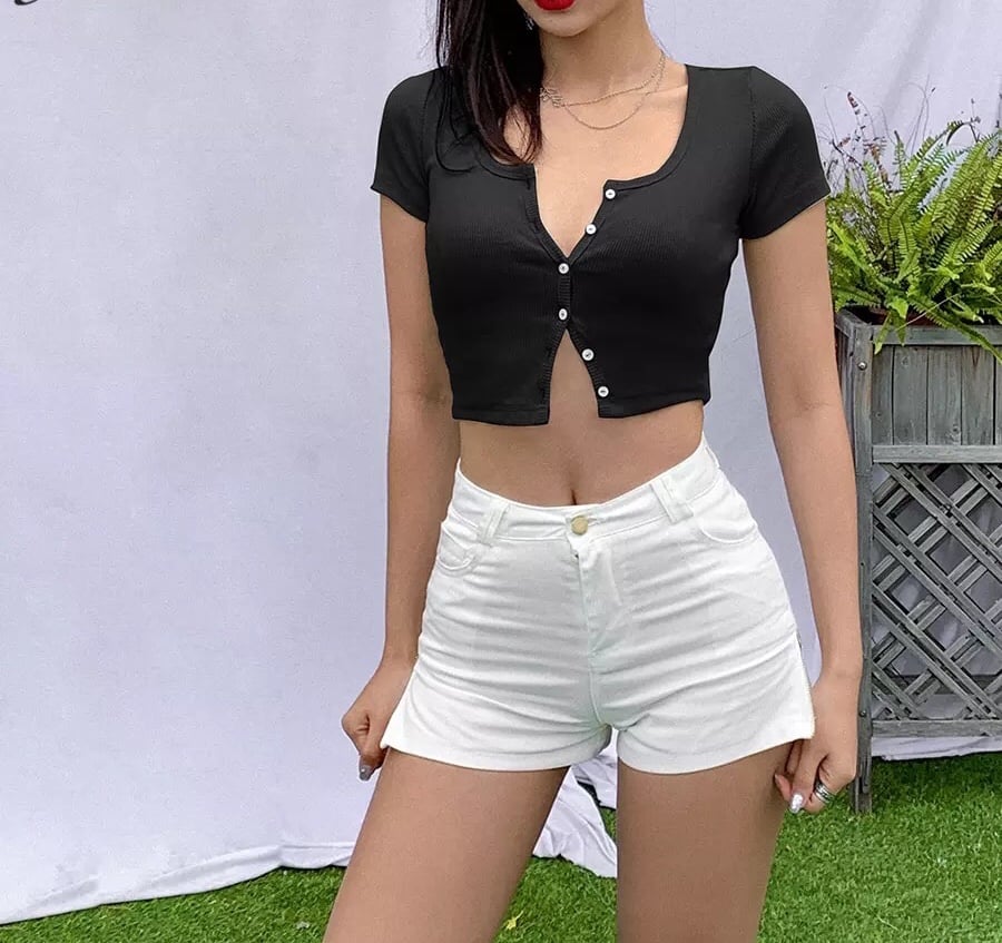 Cute V Neck Short Sleeve Cardigan Button Up Crop Top Tee T-shirt Shirt Kawaii Korean Japanese Harajuku Chinese Retro Streetwear Aesthetic Fashion
