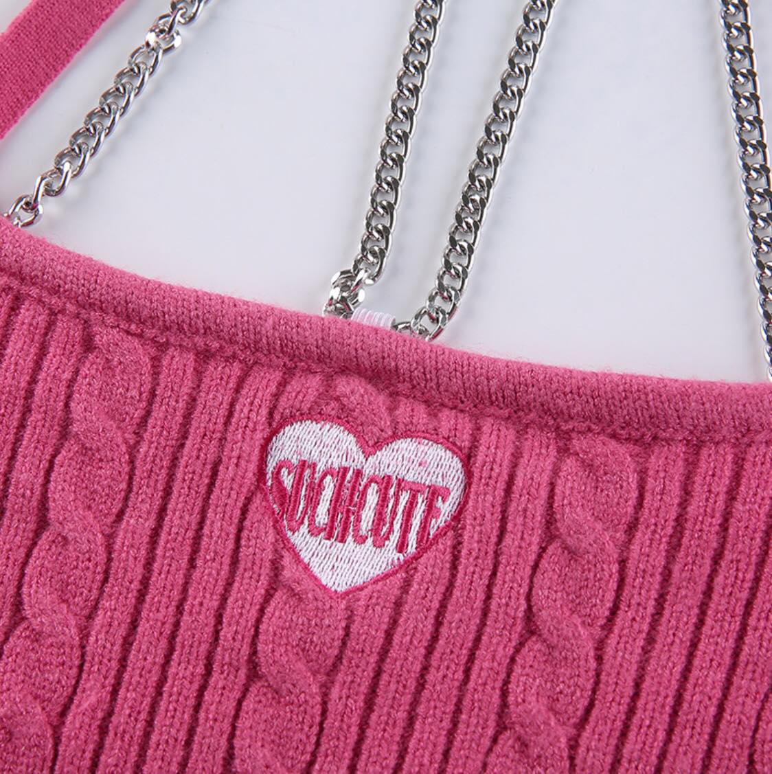 90s Pink Chain Knit Halter Crop Top Backless Tank Sleeveless Shirt Summer Aesthetic Casual E-Girl Kawaii Korean Japanese Harajuku