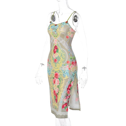 Floral Print Split Sleeveless Midi Dress