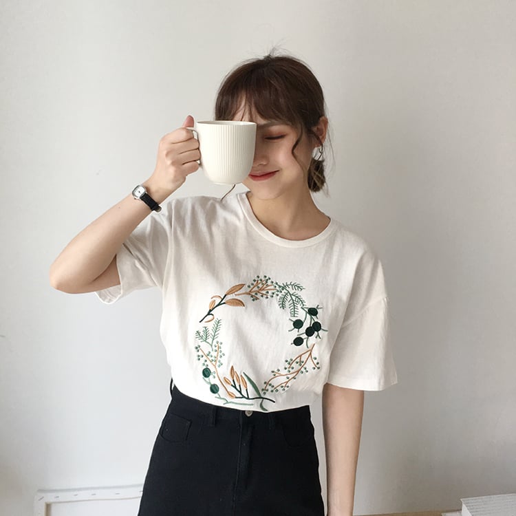 Cute Flower Plant Print Embroidery Shirt T-shirt Tee Top Kawaii Korean Japanese Harajuku Chinese Retro Streetwear Aesthetic Fashion