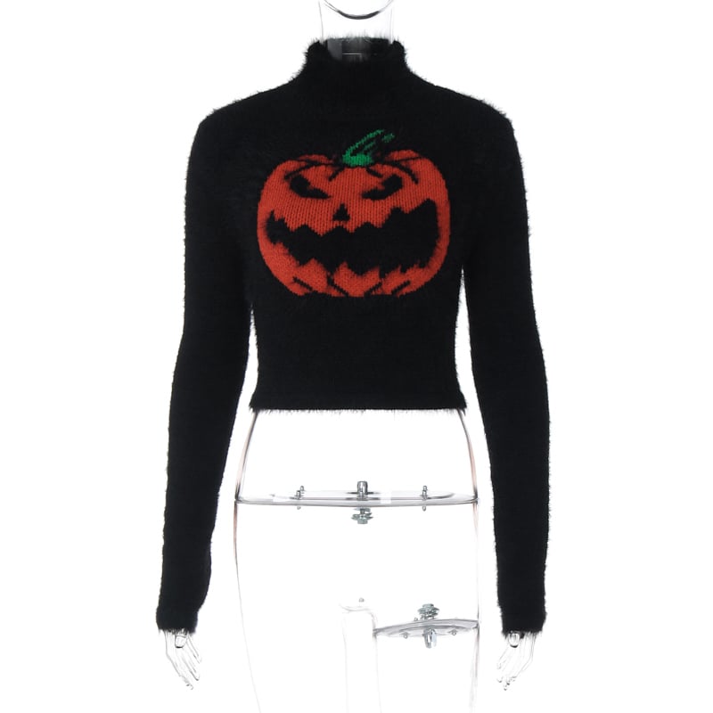 Black Fluffy Pumpkin Turtleneck Sweater