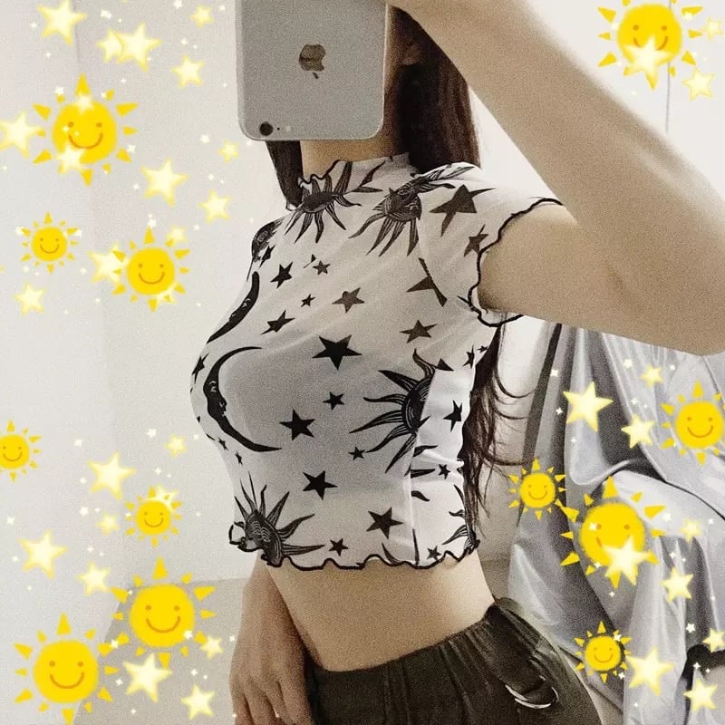 Sexy Goth Grunge Star Moon Celestial Print Ruffle Mesh Transparent Crop Top Short Sleeve Tee Shirt E-Girl Kawaii Korean Japanese Harajuku Streetwear