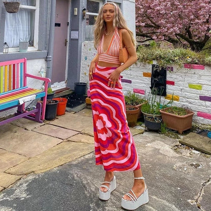 Cute Vintage Red Flower High Waist Print Beach Long Skirt Wrap Sexy Aesthetic Casual Summer E-Girl Kawaii Korean Japanese Harajuku