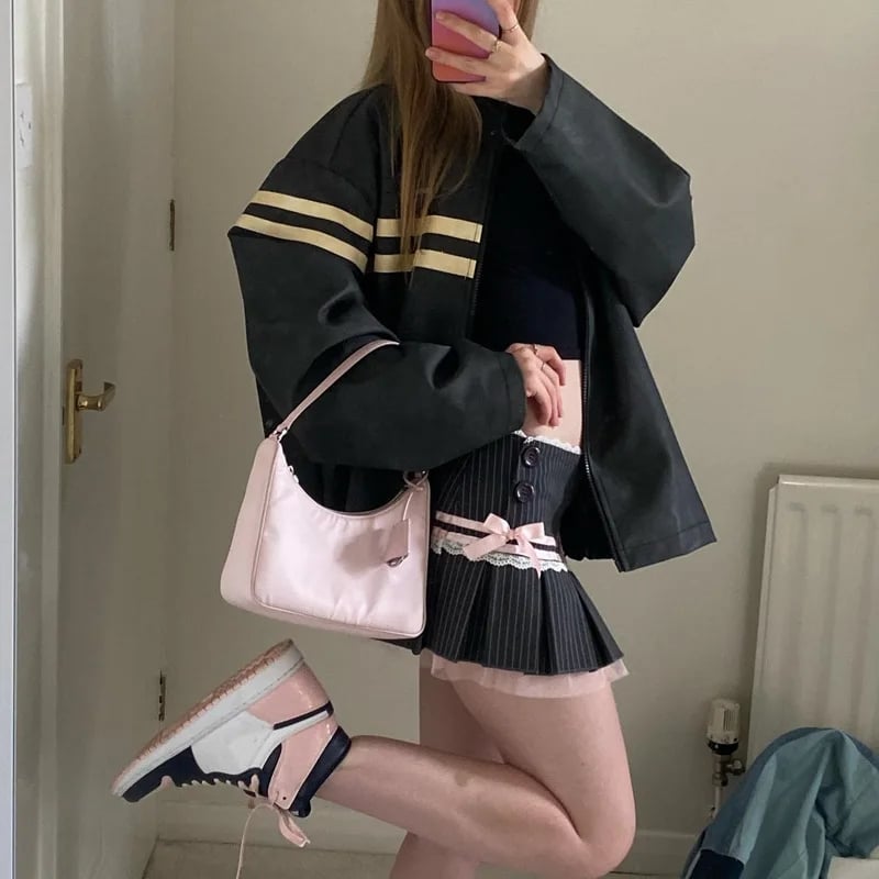 Pink Bow Stripe Fold Lace Up High Waist Skirt