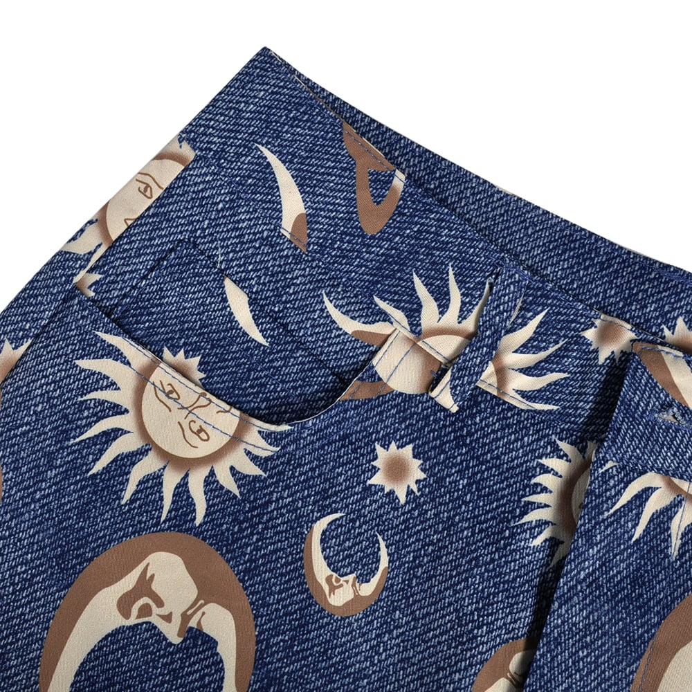 Cute Sun Moon Star Planet Pattern Loose Denim Shorts Bottom E-Girl Kawaii Korean Japanese Harajuku Chinese Retro Streetwear Aesthetic