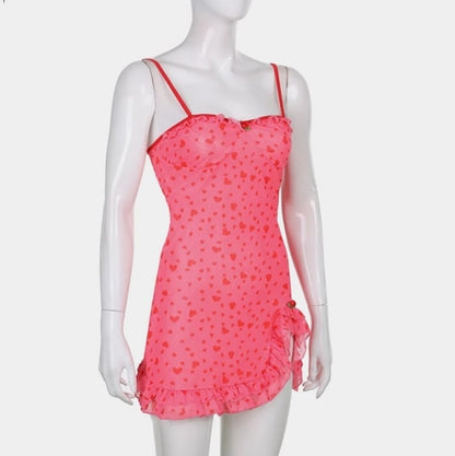 Cute Sweet 90s Pink Heart Print Sleeveless Strap Ruffles Short Mini Dress Aesthetic Casual Summer E-Girl Kawaii Korean Japanese Harajuku